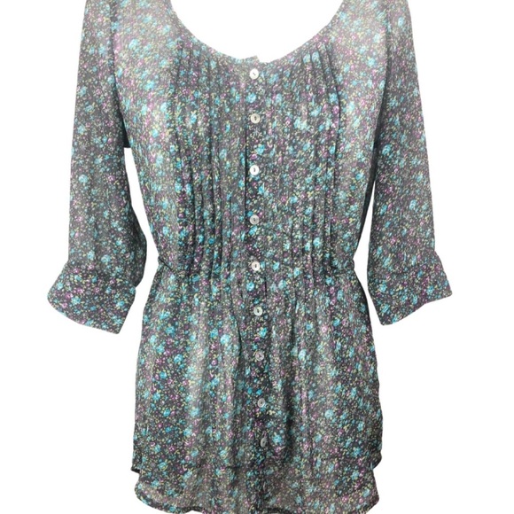 Sound & Matter Women’s Cottagecore Floral Button Down Sheer 3/4 Sleeve Blouse - Picture 3 of 16